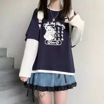 2024 Осень Девушки Подростки Harajuku Мультфильм Медведь Принт Поддельные 2 Части Футболка Лоскутная Длинный Рукав Y2K Футболка Женская Милая Одежда S синий