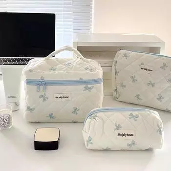 2024 Pink Bowknot Cosmetic Bag for Women Quilting Makeup Bag with Zipper Portable Organizer Female Girls Handbag Toiletry Pouch as show