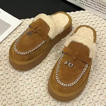 2024 Platform Slippers Women s Fluffy Plush Slides Winter New Suede Leather Flats Slippers Thick Sole Indoor House Warm Slippers 35 грязно-белый