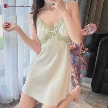 2024 Pure Desire кружевная ночная рубашка с подтяжками и нагрудными подушечками - женское летнее платье из цветочного ледяного шелка для пижамы или верхней одежды flower (nightdress), M синий