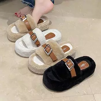 2024 Slipper Women s Eyelet Buckled Fluffy Casual Slippers Lady Thick Bottom Leisure Shoes Thick Flat Sole Outdoor Plush Slipper 35 чёрный