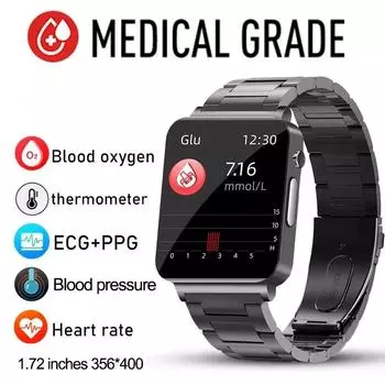 2024 Smartwatch Мониторинг крови артериальное давление температура тела Смарт-часы для мужчин и женщин часы фитнес-трекер SmartWatch Men+Box silicon чёрный