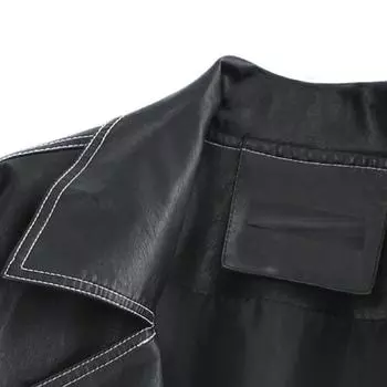 2024 Spring and Autumn Black Lapel Bright Line Decorative Locomotive Clothing Leather Clothing Women s Short Fashion Short Jacket Top S чёрный
