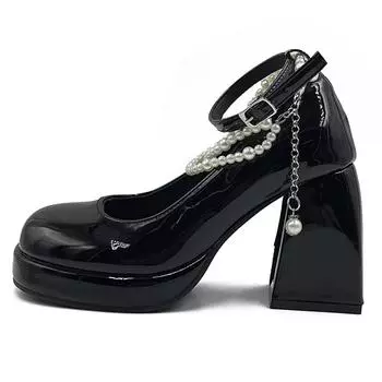 2024 Spring and Autumn French Fairy Style Waterproof Platform Thick Sole High Heel Women s Mary Jane Shoes Chunky Heel Singles 35 чёрный