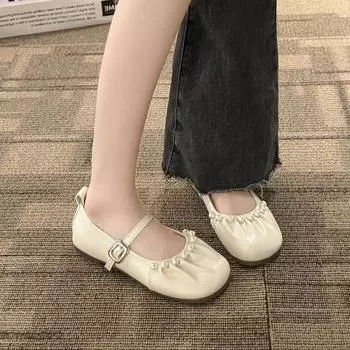 2024 Spring and Autumn High Quality Women s Shoes New Solid Color Round Toe Pearl Decorated One-line Buckle Women s Flat Shoes 35 бежевый