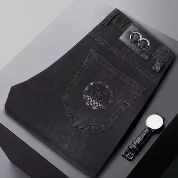 2024 Spring And Autumn New Embossed Jeans Men S Straight Tube Loose Large Casual Men S Pants 40 чёрный