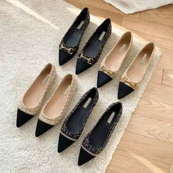 2024 Spring and Autumn New Pointed Toe Single Shoes Shallow Mouth Slip-on Flats Metal Decoration Low-heeled Women s Shoes 35 чёрный