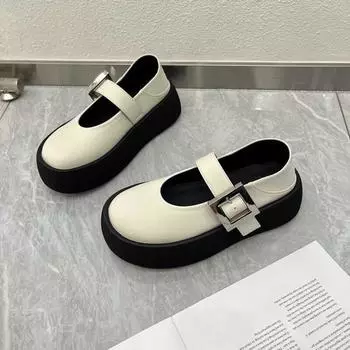 2024 Spring and Autumn New Round Head Solid Color One Word Buckle with Thick Bottom Shallow Mouth Single Shoe for Women s 35 бежевый