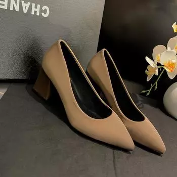 2024 Spring and Autumn New Style Simple Solid Color Shallow Mouth Outerwear Women s Large High Heels Versatile Single Shoes 35 чёрный