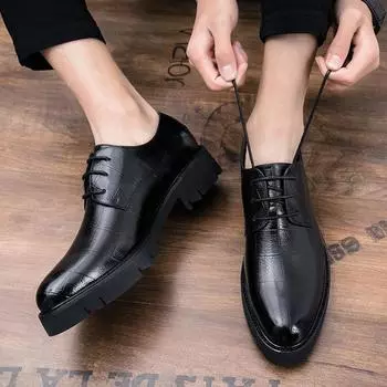 2024 Spring and Autumn Platform Men s Leather Shoes Plaid Casual Men s Leather Shoes Soft Leather Lace Up Hairstylist Lace Up British Style 38 чёрный
