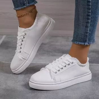 2024 Spring and Autumn Women s Shoes Fashion Round Toe Solid Color Flat Bottom Casual Large Size Lace-Up Women s Sports Shoes 36 белый