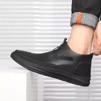 2024 Spring New Men s Leather Shoes Casual Fashion British High-top Round Toe Slip-on Sneakers Sports Shoes Platform Shoes 38 чёрный
