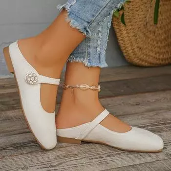 2024 Spring New Retro Women Flat Heel Shoes Fashion Square Toe Ladies Casual Mary Jane Slingback Shoes Shallow Ballerina 36-42 36 белый