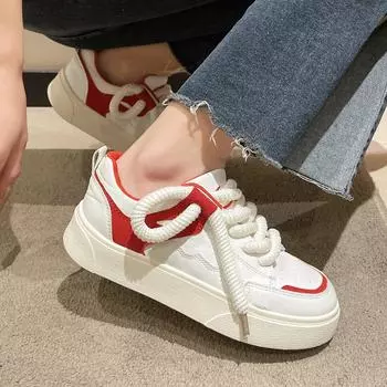 2024 Spring New Sneaker Student White Shoes Female Breathable Thick Sole Flat Shoes Women 35 красный