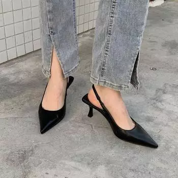 2024 spring new solid color versatile pointed heel middle heel sandals empty bag head high heel single shoes Korean version daily 35 чёрный