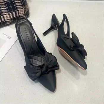 2024 Spring NewPointed Thin Heel Middle Heel Single Shoes Back Empty Baotou Sandals High Heels Foreign Trade Large Bow Tie Women 35 красный