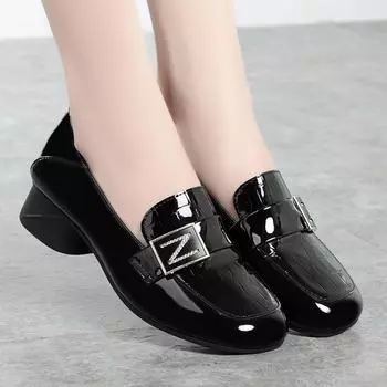 2024 Spring Round Top Patent Leather Soft Sole Shoes Women Fashion Comfort Work Metal Buckle Comfort Square Heel Single Shoe 35(Foot22.5cm)