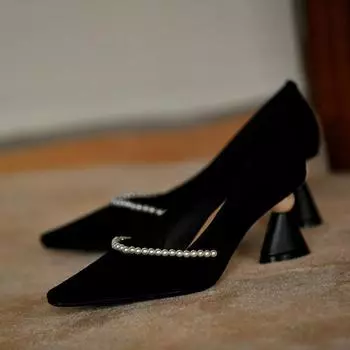 2024 Spring Summer New Fashion High Heels Women Black Single Shoes Party Beaded Loafers Elegant Medium Thick Heel Shallow Mouth 35 чёрный