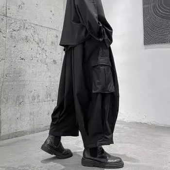 2024 Streetwear Мужские шаровары Мужские уличные черные широкие брюки Брюки для бега в стиле хип-хоп Мужские брюки-карго Большие размеры XL чёрный