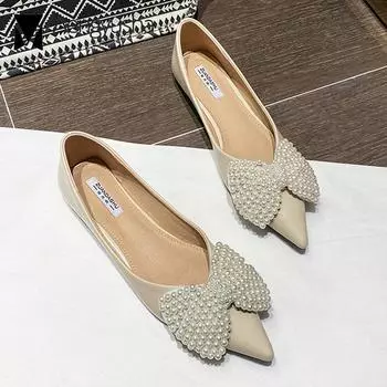 2024 String Beaded Bow Shoes Woman Soft Bottomed Flats Leather Loafers Big Size 42/43 Pointed Toe Shallow Pearl Ballerina Mujer 4.5 абрикосовый