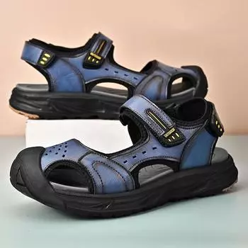 2024 summer men s shoes breathable real cowhide men s new large size sandals non-slip and wear-resistant outdoor beach shoes bag head 38 золотистый