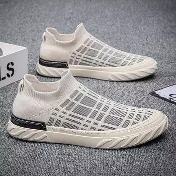 2024 Summer Mens Casual Shoes Men Walking Shoes Breathable Sneakers Slip-on Socks Sneaker Men s Loafers Zapatillas Hombre 39 бежевый