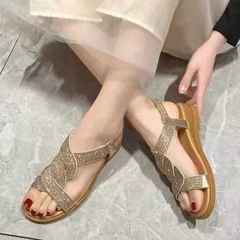 2024 Summer New Crystal Designer Wedge Sandals Women Fashion Casual Roman Shoes Female Slip on Beach 35 чёрный