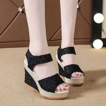 2024 summer new European and American wedge heel fish mouth sandals women s breathable muffin thick-soled high-heeled Velcro lace women s shoes 35 чёрный