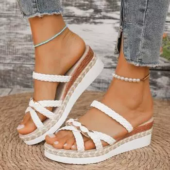2024 Summer New Fashionable and Versatile Simple Slope Heel Thick Bottom Fish Mouth Slippers Sell Like Hot Cakes Women Sandals 36 покинуть белый