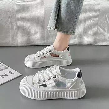 2024 Summer New Hollow Out Flat Bottom Casual Shoes for Women Fashion Comfort Thick Sole Lace Up Sneakers Women Zapatos De Mujer 36 бежевый