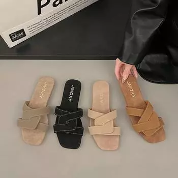 2024 Summer New Korean Fashion Everything Square Head Line Trawl Red Senior Sense Flip-flops Women Flat Slippers Women 36 бежевый