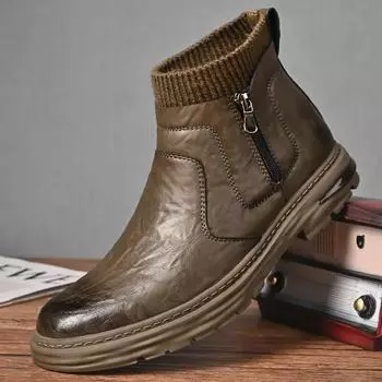2024 summer new men s high-top British leather zipper soft-faced soft-soled wear-resistant leather boots casual Martin boots 38 хаки