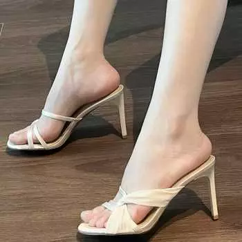 2024 summer new mesh round head one-word strap cross strap sandals women s thin heel high heel cool slippers fairy style 35 абрикосовый