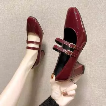 2024 Summer New Red Patent Leather Mary Janes Shoes Fashion Square Toe Women s Pumps Comfortable Chunky Heel Ladies Single Shoes 34 абрикосовый