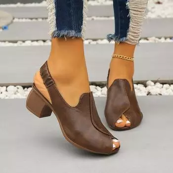 2024 Summer New Retro National Wind Heel Sandals for Women Thick Heel Middle-aged and Elderly Mothers Single Shoes 35 чёрный