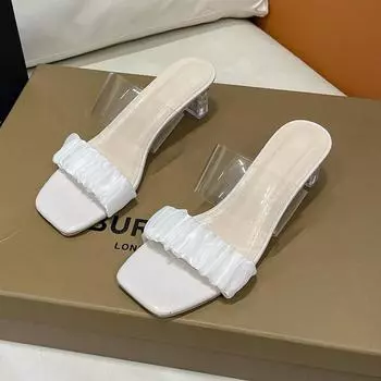 2024 Summer New Square Headed Open Toe Solid Color Large Size Slippers Women Sexy and Comfortable Crystal Heels Women s Shoes 35