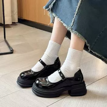 2024 summer new thick heel one-word buckle fashion Mary Jane single shoes women s shallow mouth middle heel college style small leather shoes 35 чёрный