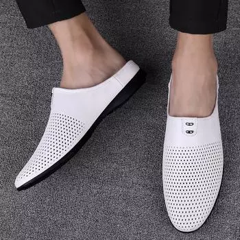 2024 Summer Style Hollowed Out Top Layer Cowhide Half Shoes Men Black /white/brown Flats Mens Breathable Slip-on Slacker Shoes 37 чёрный