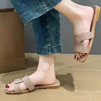 2024 Summer Women Slippers Beach Flat Open Toed Shoes for Women Classic Fashion Outdoor Leather Slides Ladies Zapatos Mujer 35 чёрный