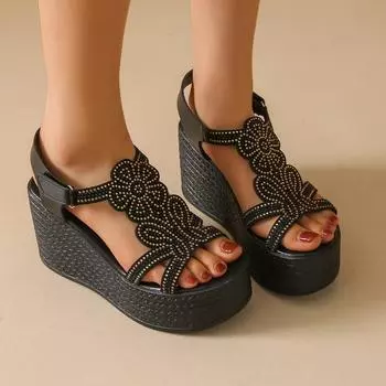 2024 Thick-soled Sandals for Women Summer Casual Solid Color Rhinestone Bow Hollow Thick-soled Crystal Sandals for Women 35