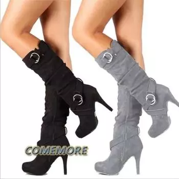 2024 Winter Classic Knee High Boots Autumn Casual Faux Suede Wide Pleated Thigh High Boots Women Thin Heels Zip Size 35-43 Grey 34 серый