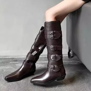 2024 Winter Fashion Black Women Boots Pointed Belt Buckle Zipper Knight Western High Boots Thick Heel Long Boots for Women 35 чёрный