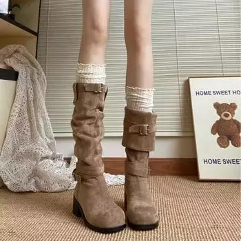 2024 Winter High Quality Women s High Boots Fashionable Round Toe Medium Heel Solid Color Buckle Suede Women s Fashion Boots 35 хаки