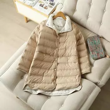 2024 winter light white duck down simple offset printing contrasting color stand-up collar loose version medium and long down jacket women S серый