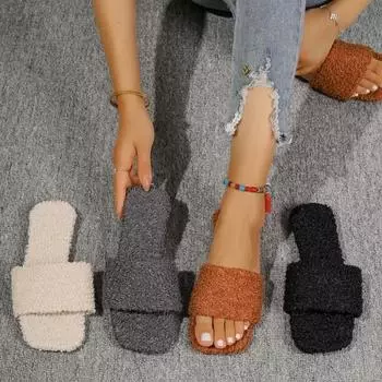2024 Winter New Luxury Designer Women s Shoes Flat Flat Suede Fleece Slippers in-home Women Shoes Zapatos De Mujer Plus Size 43 36 бежевый