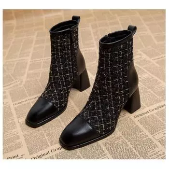 2024 Winter New Round Head Small Fragrant Style Splicing Face Side Zipper Versatile Comfortable and Warm Bare Boots for Women 34 чёрный