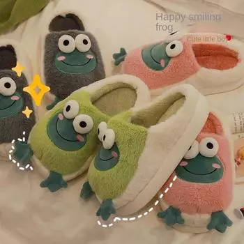 2024 Winter Slippers Women Men Home Floor Shoes Cute Frog Keep Warm Soft Plush Couples Indoor Slides Ladies Cotton Footwear 36-37(Insole23cm) зелёный