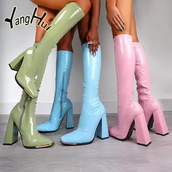 2024 Women Boots Square Heel Knee-High Chelsea Boots Winter New Chunky PU Leather Goth Snow Boots High Heels Shoes Pumps Mujer 35 чёрный