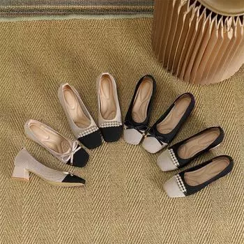 2024 Women Casual Patchwork Slip on Mesh Hollow Square Heel Butterfly Black Shoes Comfort Party Wedding Office Single Shoes 34(Foot22cm)
