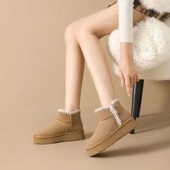 2024 Women s Genuine Leather Thick-Soled Snow Boots: Warm, Velvet-Lined, Non-Slip, Short Fur Boots 38
